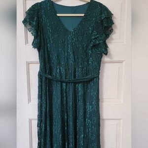 Large Womens Deep Teal Flutter Sleeve Laced Maxi Dress